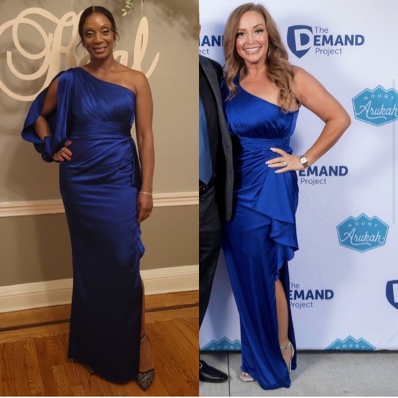 Mac Duggal One Shoulder Bishop Sleeve Gown Maxi Dress 55398‎ Sapphire Blue 2 - Picture 5 of 8